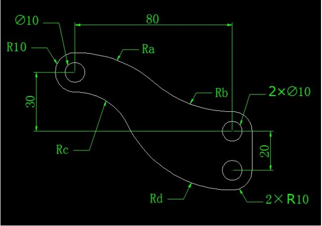 中望CAD求扣除三个直径10内孔后的面积和Ra的半径