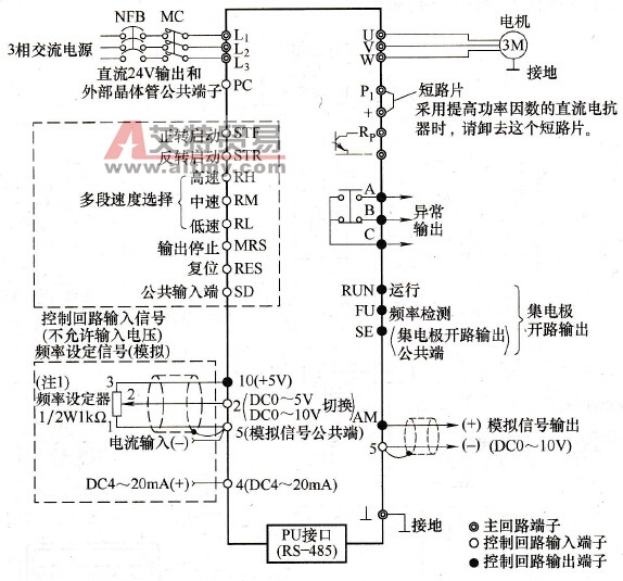 三菱FR-E500变频器的主电路接线端