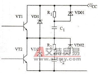 变频器中使用的电力晶体管GTR缓冲电路中，GTR管