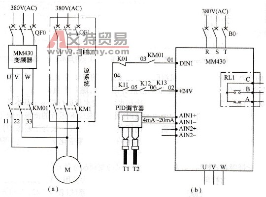 冷却水泵的变频改造双主回路及变频器接线示意图