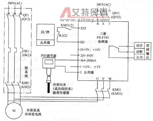 蒸汽喷射式制冷机冷冻泵或冷却泵的主接线变频调节示意图