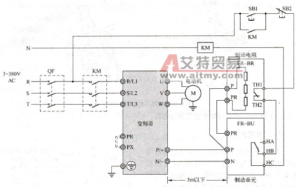 A700变频器与制动单元FR-BU的连接