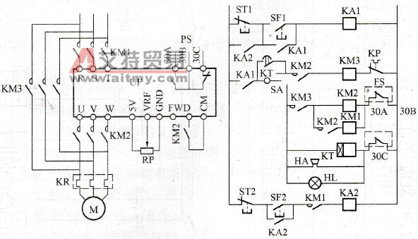 变频器外接继电器切换变频与工频电路图