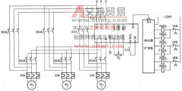 变频器的“1控3”供水电路原理图