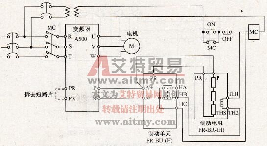 三菱A500系列变频器的制动单元与制动电阻连接示意