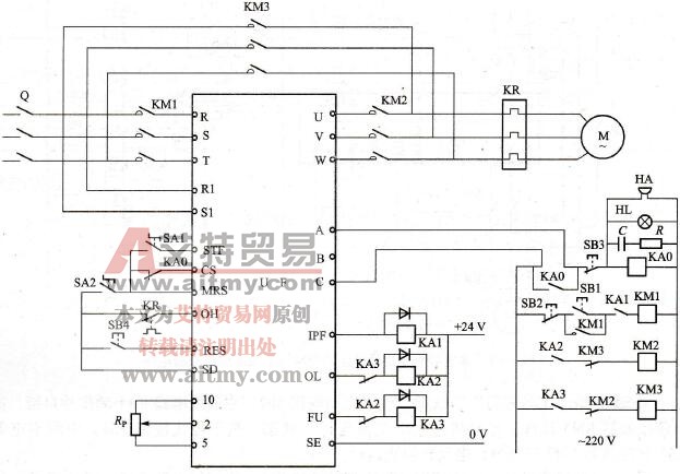 继电器与内置变频与工频切换功能的变频器组合的变频与工频的切换控制电路