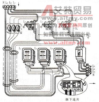 3只单相电能表在三相四线制线路中的安装图