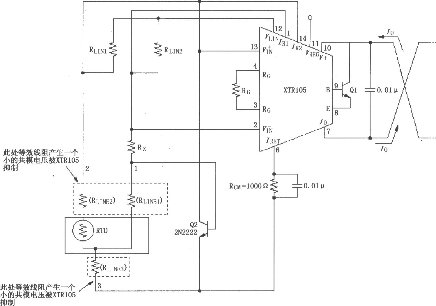 XTR105远程RTDs探测三线连接电路