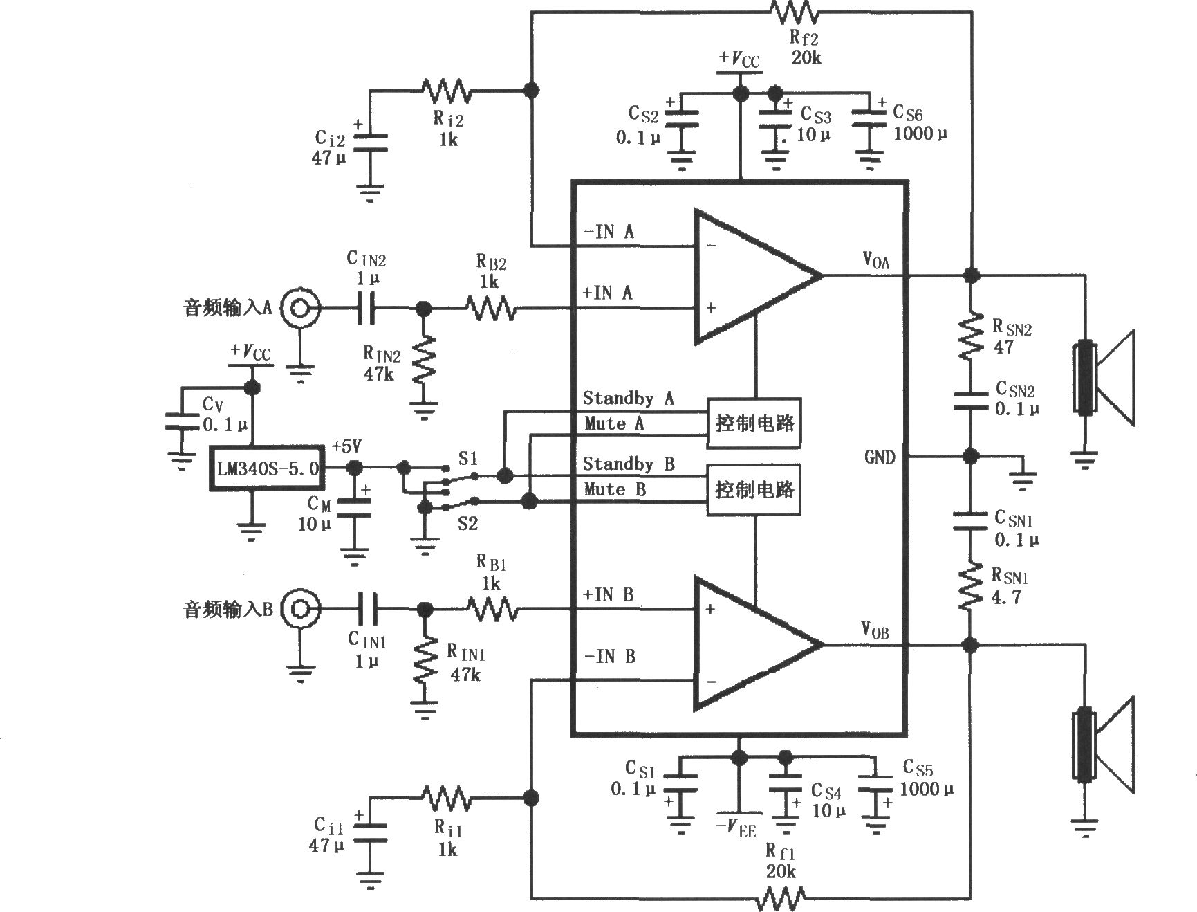 LM4730／4731的双电源供电音频功率放大电路