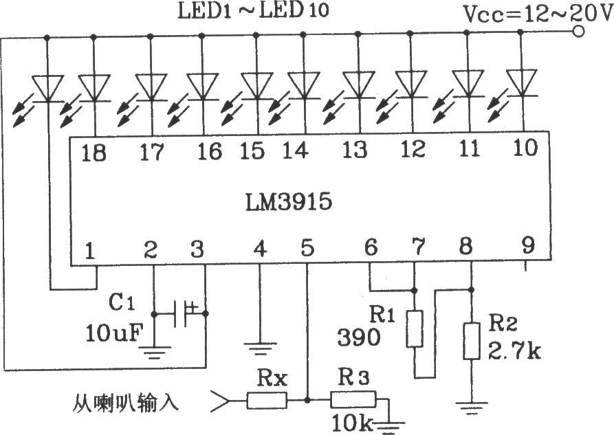 LM3915构成简单音频功率计电路
