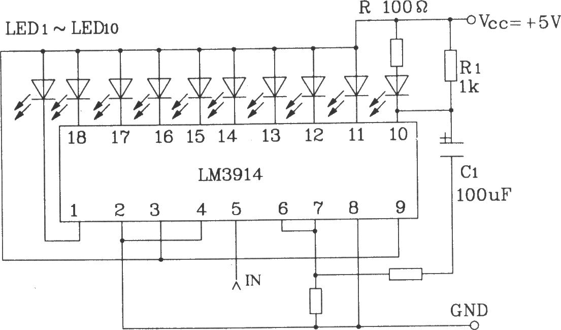 LM3914系列点/线图形LED显示驱动集成电路构成的带有闪光报警的LE