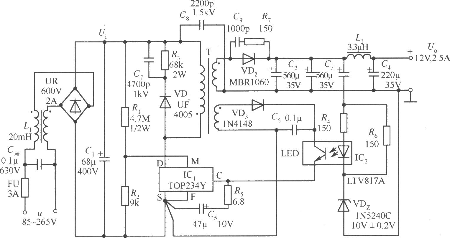 TOP234Y构成的12V、2.5A开关电源电路