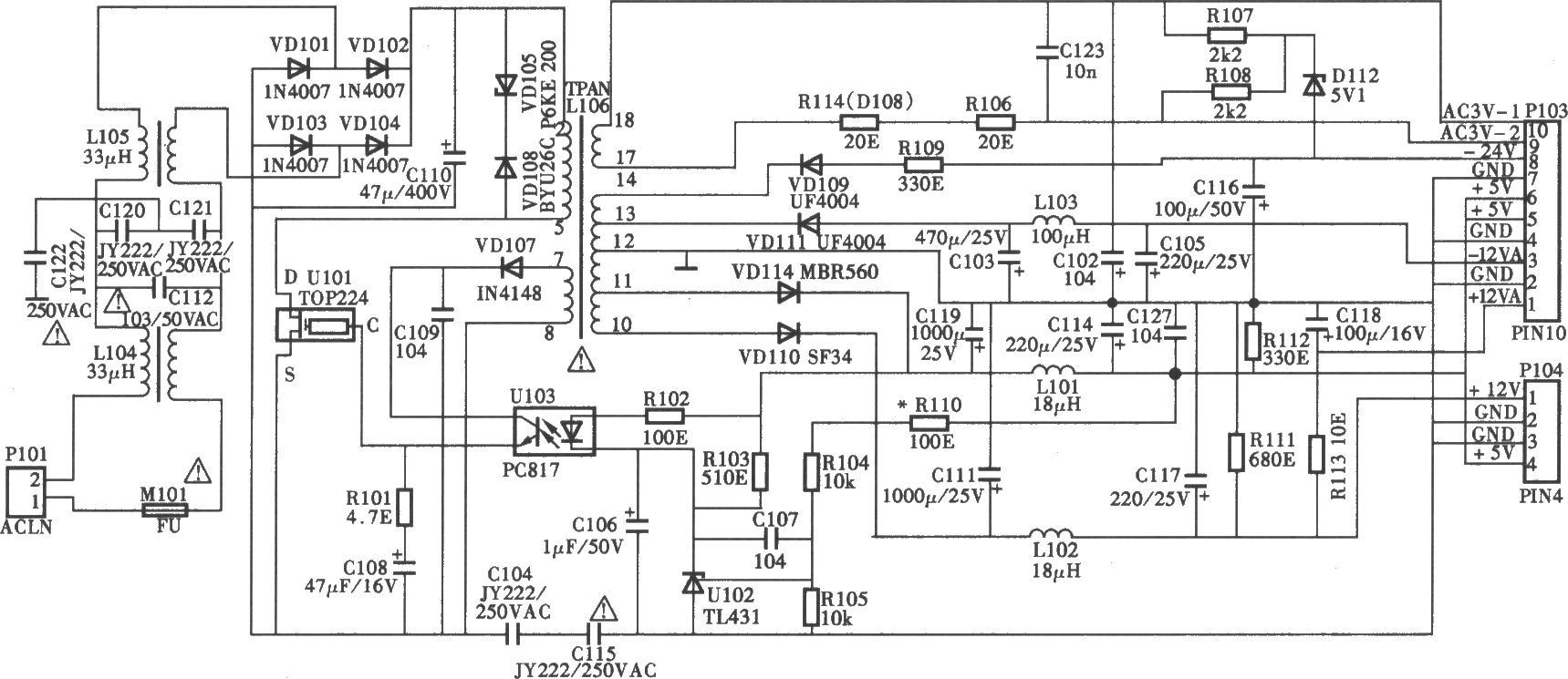 裕兴815型DVD机开关电源(TOP224) 电路