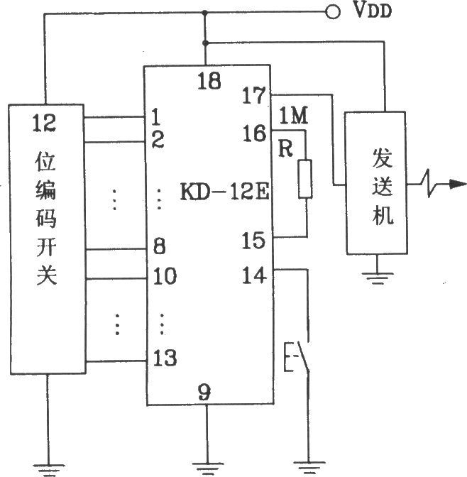 KD-12E/KD-12F构成4096路单一功能遥控发射/接收应用电路图
