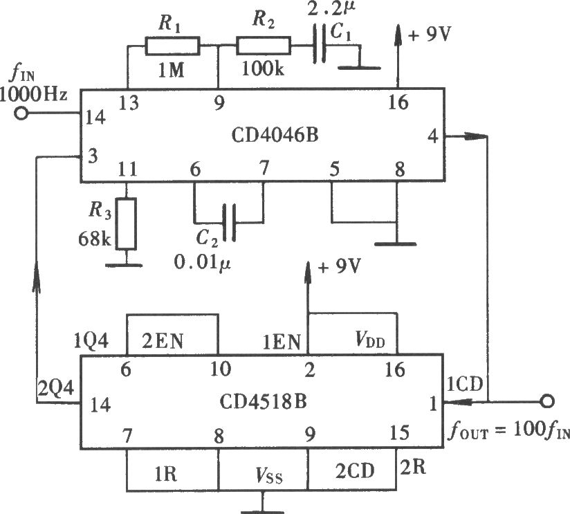 用CD4046组成的100倍频电路