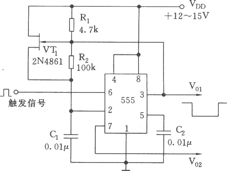 两路输出负向定时脉冲电路(555)