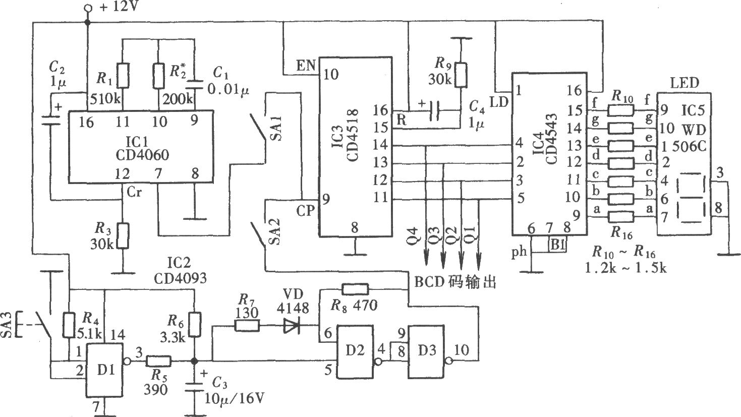 数字显示式时钟信号源(CD4543、CD4060、CD4518)