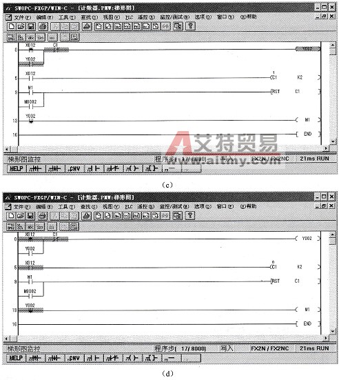  计数指令实现的按钮按动梯形图变化