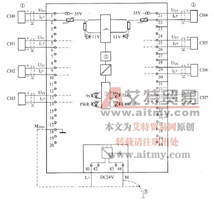 2线制电流测量模块框图和端子分配示意图