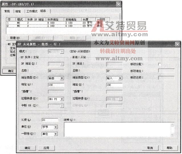 组态DP主从通信的输入/输出地址区