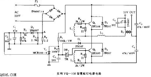 实用YQ-108型霓虹灯电源电路图