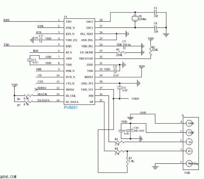 PL2303 或PV8651 USB转串口原理图