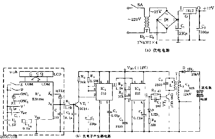 555电子钟整点定时负离子产生器电路图