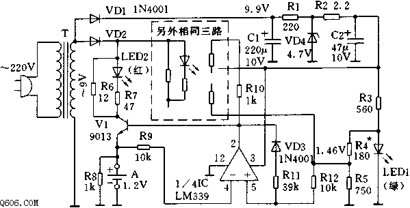 四路单节电池独立充电全自动充电器电路图