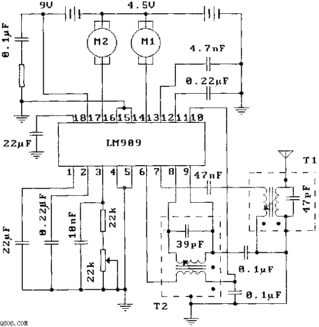 LM909 无线电遥控接收译码电路图