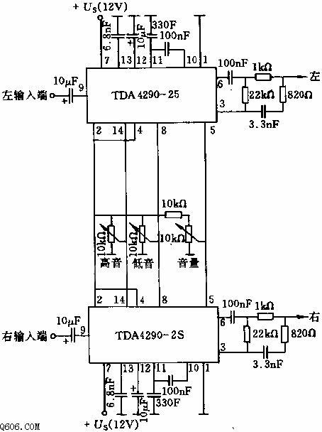 立体声设备用音调和音量调节器电路图