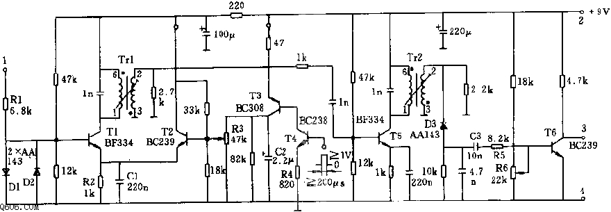 回被探测距离用超声波接收器电路图