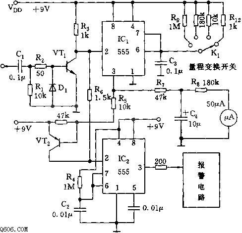 555具有过量程报警的频率计电路图