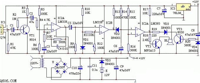 探测人体红外线的报警器电路图