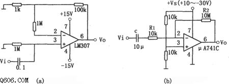 由集成运放构成的音频放大器(LM307、μA741)电路图