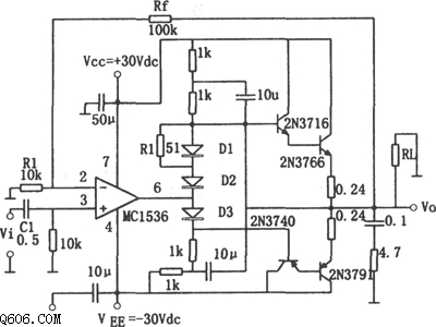 由集成运放mc1563构成的音频功率放大器电路图
