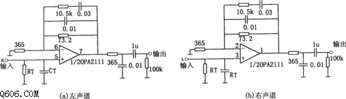 由双运放opa2111构成的均衡立体声前置放大电路图