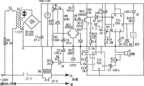 555构成的多功能电冰箱直流电压控制器电路图