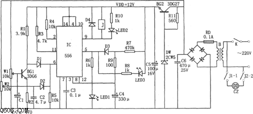 电冰箱过压、欠压、断电延时保护器（556）电路