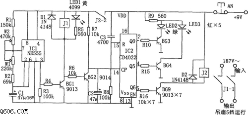NE555、CD4022构成的吊扇低压启动控制器电路图