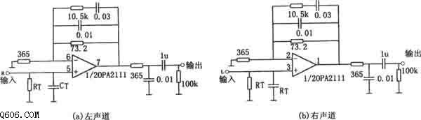 OPA2111构成的均衡立体声前置放大电路图