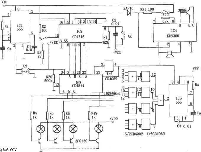公共汽车站指示器(CD4516、CD4514、555、KD9300)