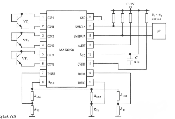 MAX6698构成的7通道智能温度传感器电路图