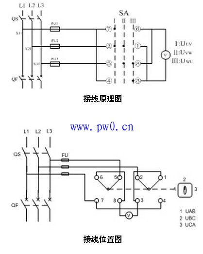 电压表经转换开关测量三相线电压接线图