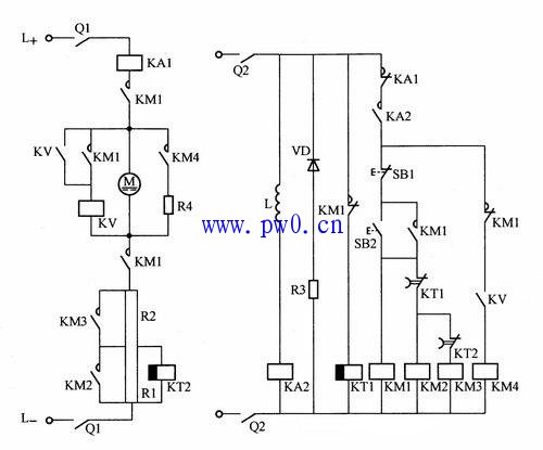 电压继电器控制直流电动机能耗制动电路图解
