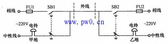 远程单线控制双向电铃接线图