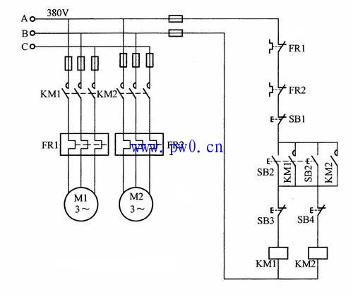两台电动机同时启动后一停一运行控制电路接线