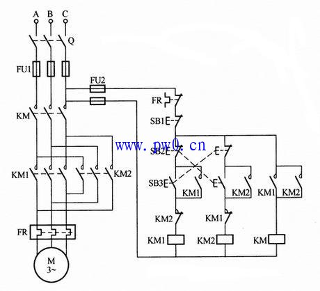 三个接触器控制电动机正反转接线图