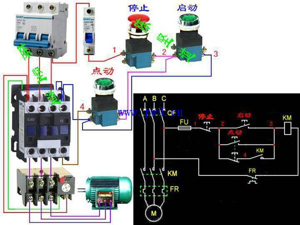 三相异步电动机自锁加点动控制实物接线图