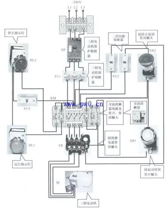 带指示灯的电动机起动停止实物连接图